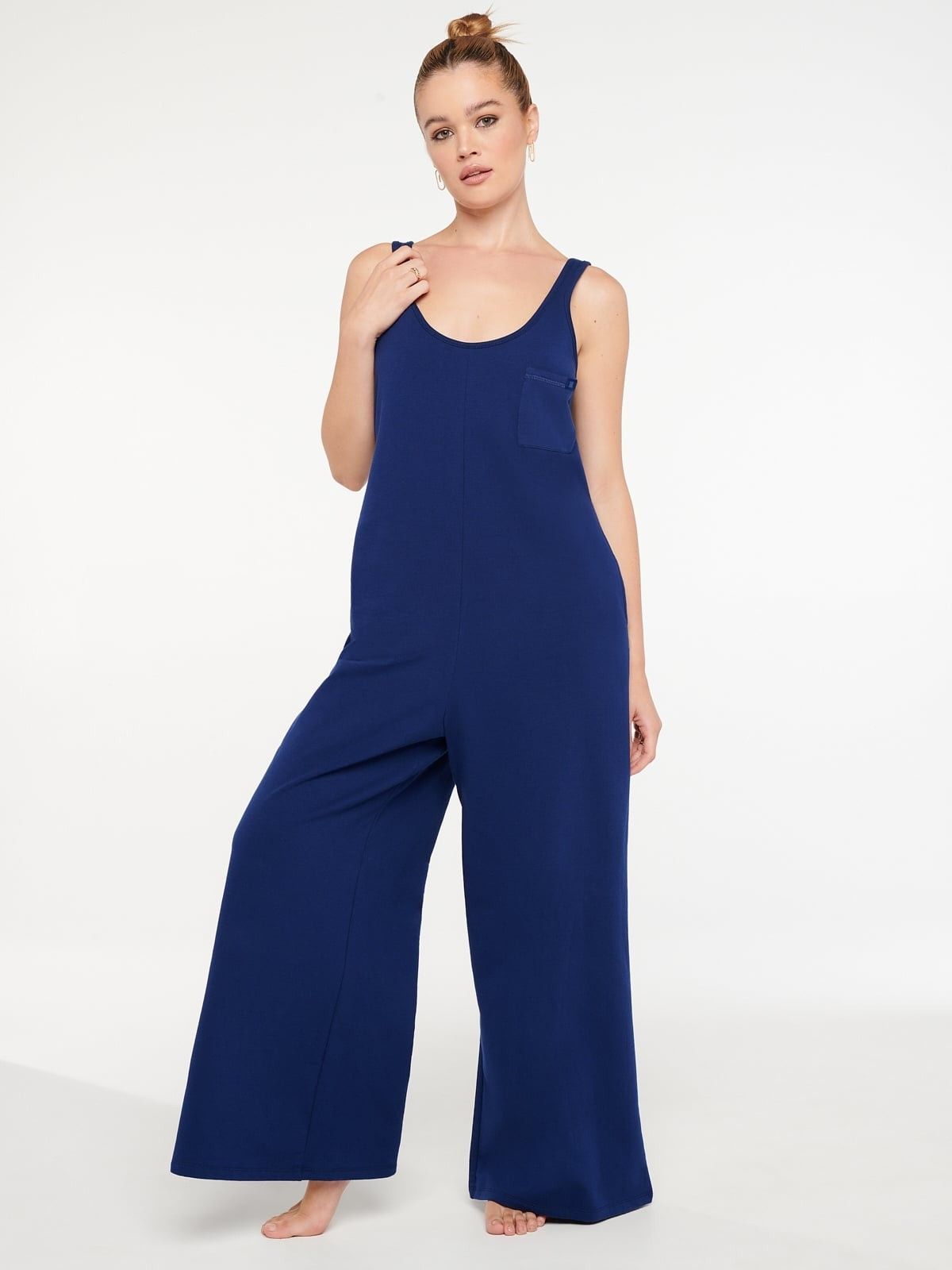 Savage X Fenty Fleece Wide Leg Jumper Jumpsuit Womens Large Navy Blue Lounge